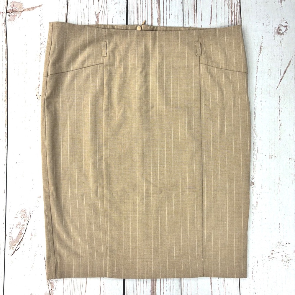 Love Tease Tan Pinstripe Pencil Skirt Size 7 Stretch Back Slit Tan Brown